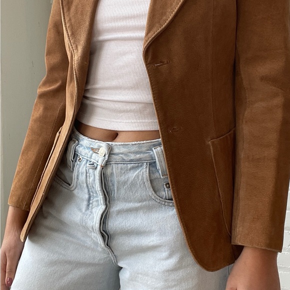 Vintage 70's Benchmark Tan Suede Leather Dagger Collar Jacket Blazer - Picture 3 of 9